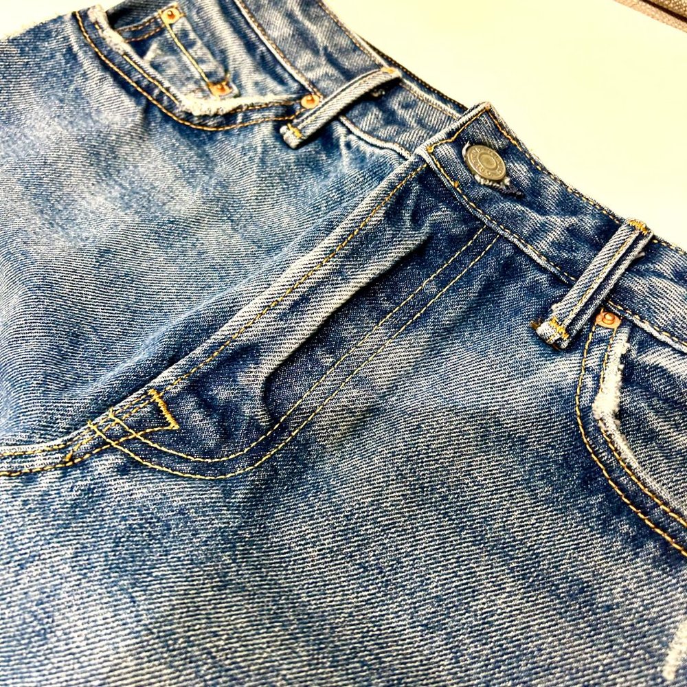 GRLFRND Eva Distressed Faded A-Frame High Waist Denim Mini Skirt REVOLVE Size 26 - Picture 9 of 16